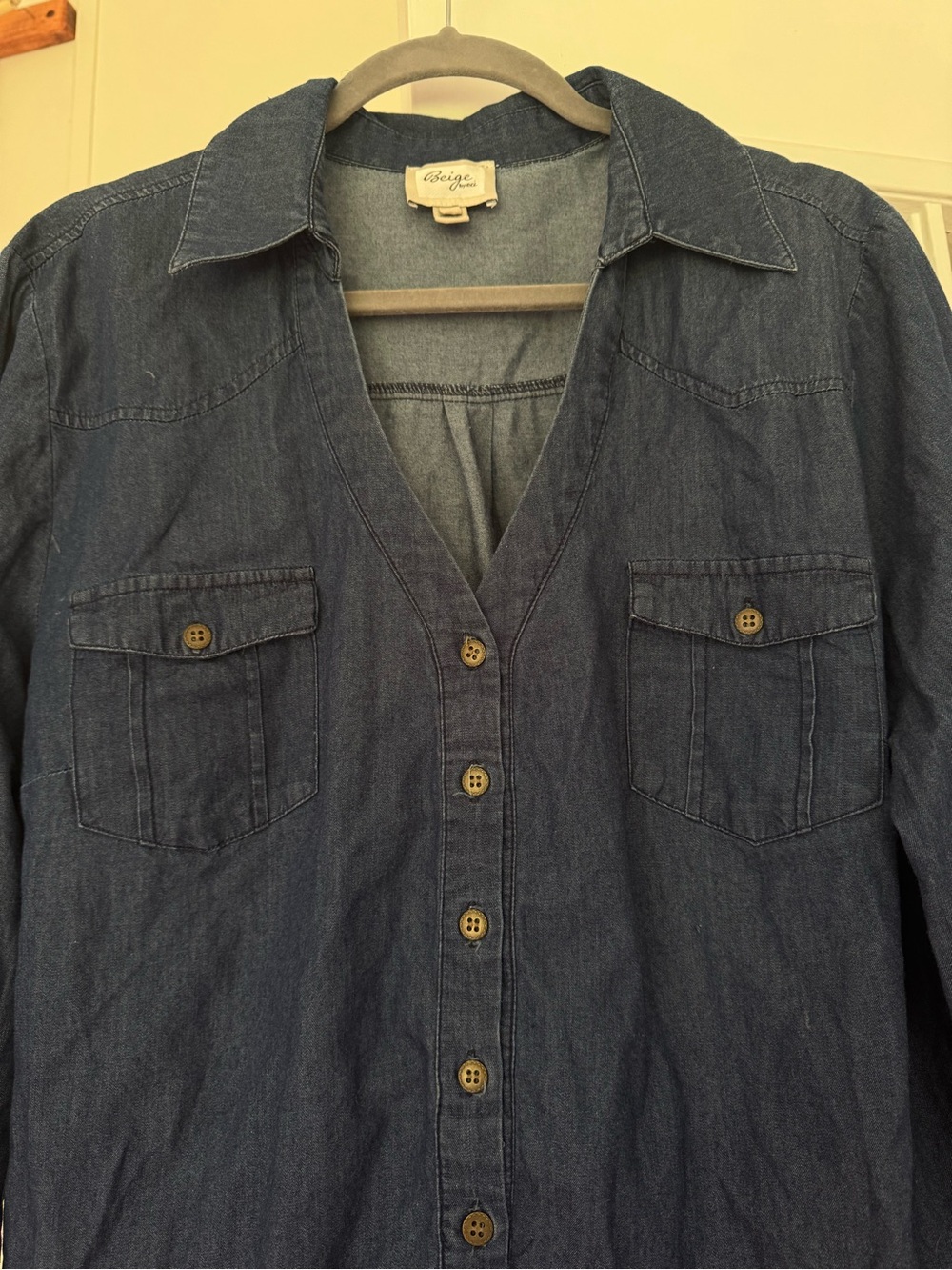 Eci Button Up Denim Dress | V Neck | Large - Picture 4 of 6